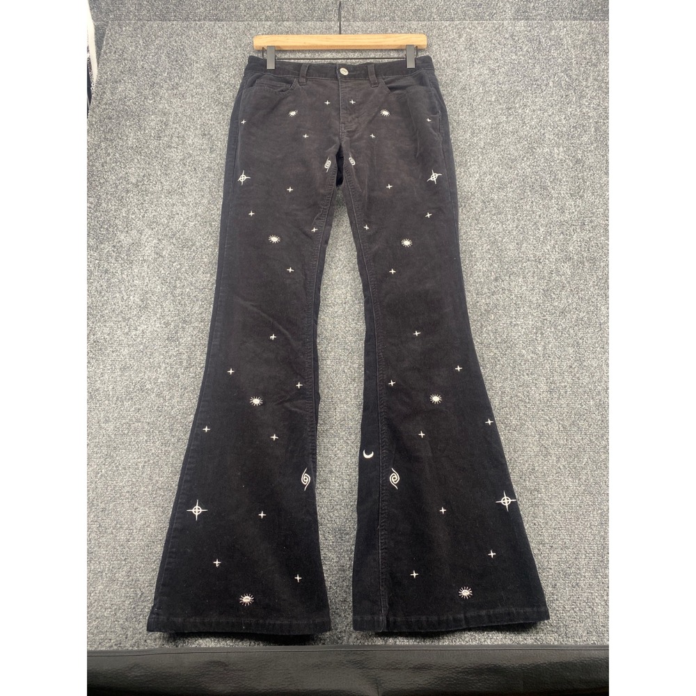 Forever 21 Celestial Star Embroidered Corduroy Flare Pants Womens Medium Black
